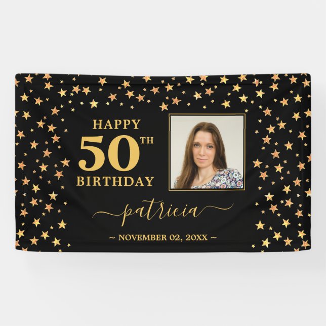 Banderoles Joyeux 50e anniversaire Black and Gold Stars Photo (Horizontal)