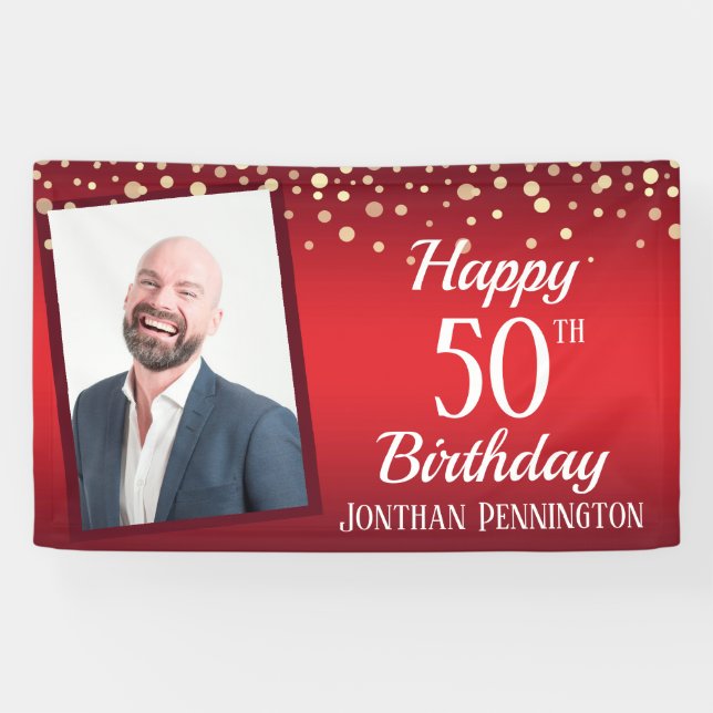 Banderoles Joyeux 50e anniversaire rouge avec Confetti une ph (Horizontal)