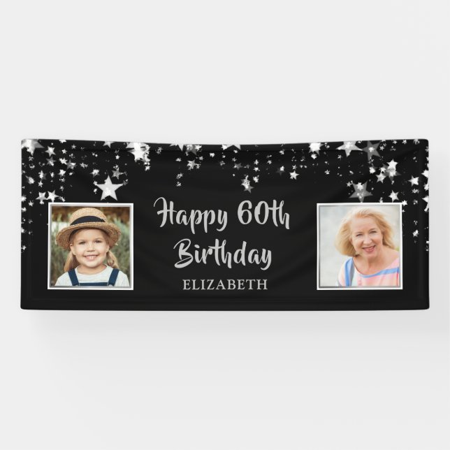 Banderoles Joyeux 60e anniversaire Black Silver Stars Nom (Horizontal)