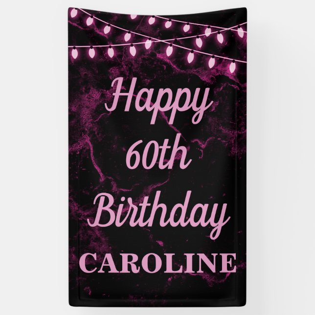 Banderoles Joyeux 60e anniversaire rose lumières noir (Vertical)