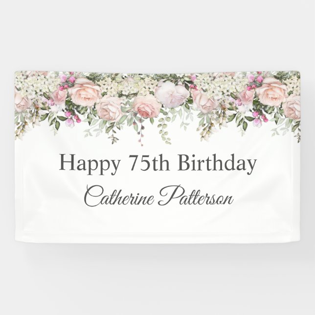Banderoles Joyeux 75e anniversaire Feminine Rose Roses Floral (Horizontal)