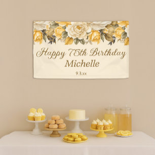 Banderoles Joyeux 75e anniversaire Fleur Jaune Crème Ivoire