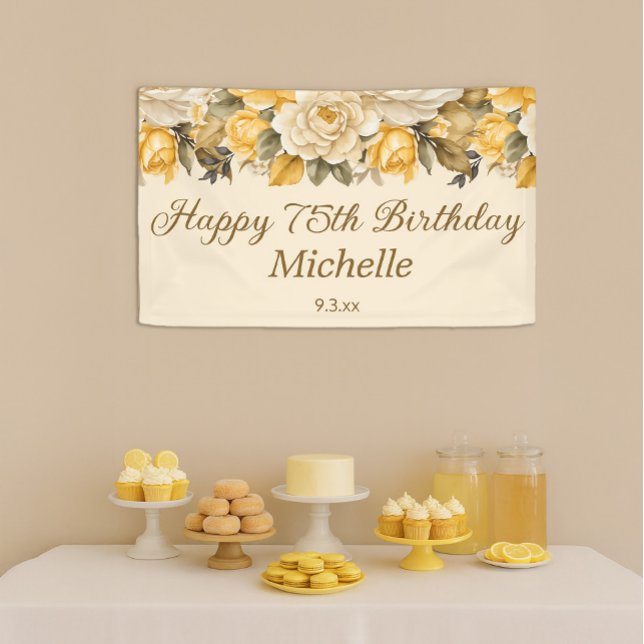 Banderoles Joyeux 75e anniversaire fleurs crème ivoire jaune (Yellow and cream-colored floral 75th birthday party banner)