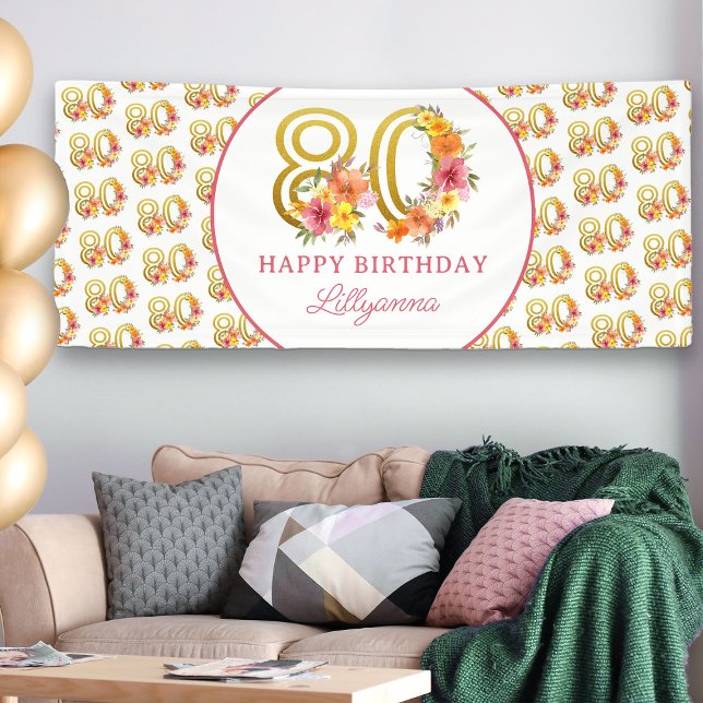 Banderoles Joyeux 80e anniversaire fête Floral Gold Numéro 80 (80th Birthday Banner from my Floral Number Birthday Party Collection)