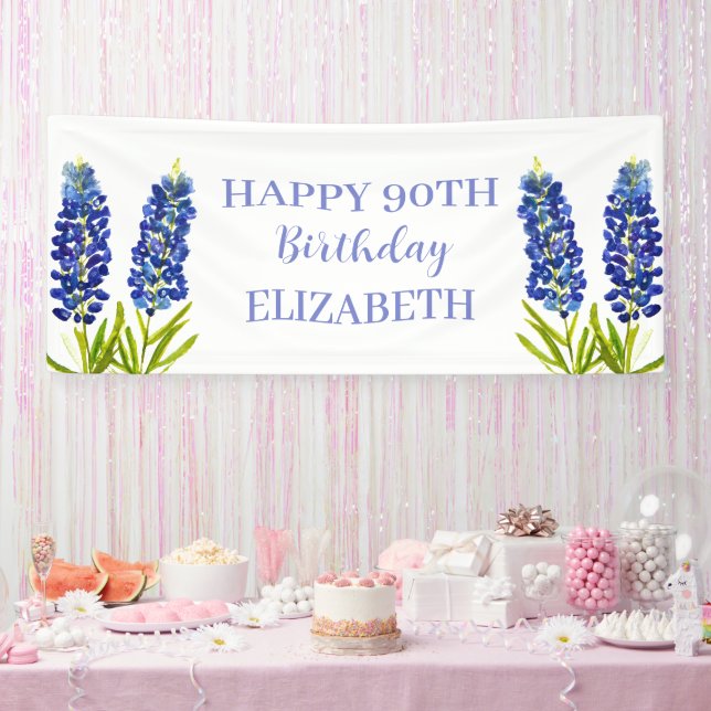 Banderoles Joyeux 90e anniversaire Bluebonnets Fleurs bleues (Fête)