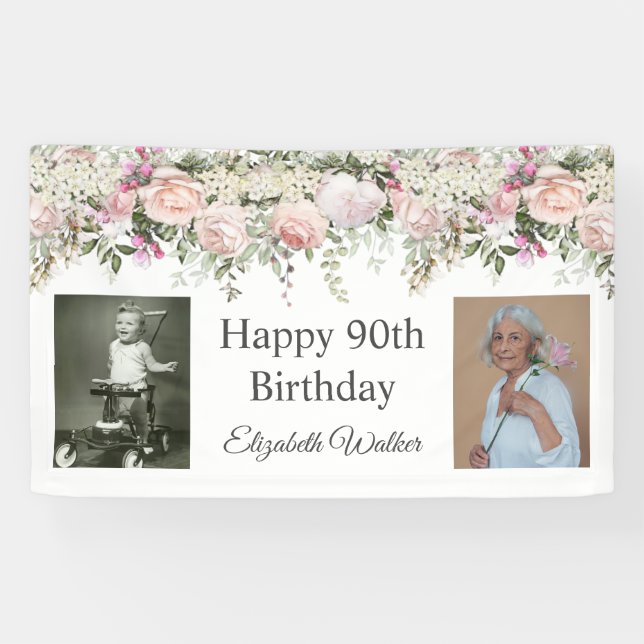 Banderoles Joyeux 90e anniversaire Roses roses rose Floral 2  (Horizontal)