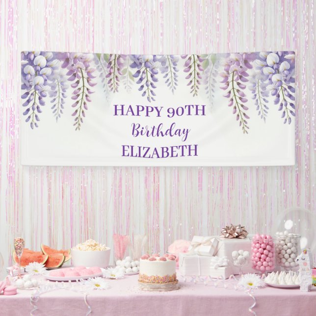 Banderoles Joyeux 90e anniversaire Wisteria Purple Flowers (Fête)