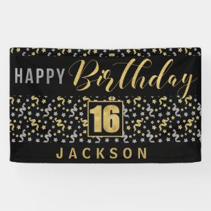 Banderoles Joyeux anniversaire 16 avec nom Noir et Or