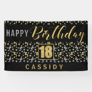 Banderoles Joyeux anniversaire 18 avec nom Noir et Or