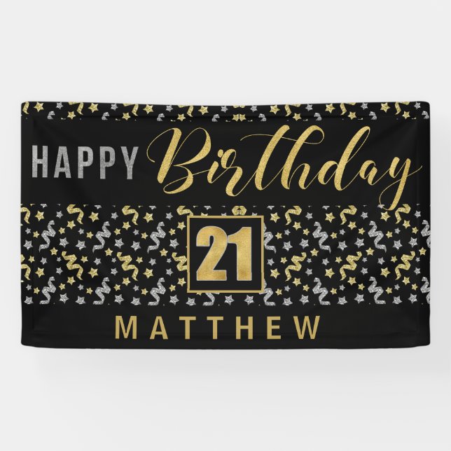 Banderoles Joyeux anniversaire 21 avec nom Noir et Or (Horizontal)