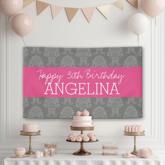 Banderoles Joyeux anniversaire avec Grey tendance et Damask r (Custom Birthday Banner)