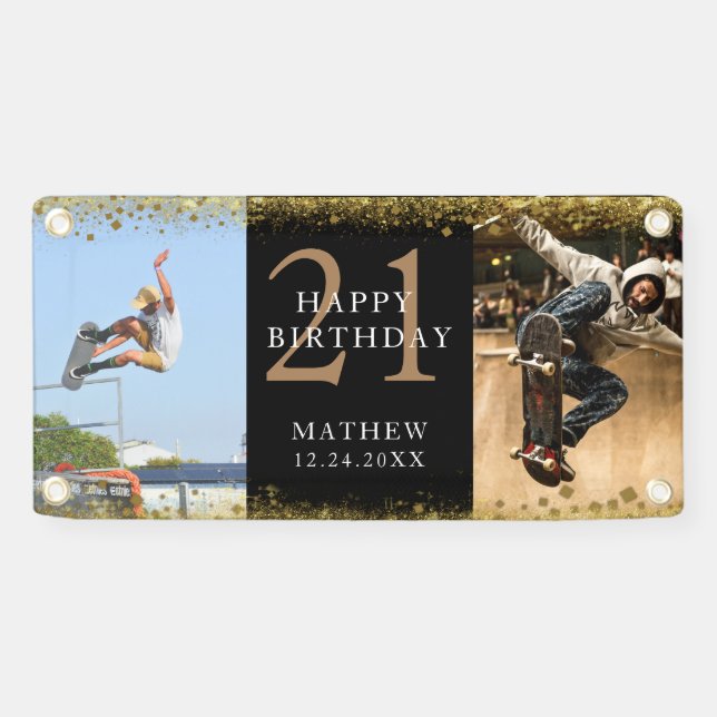 Banderoles Joyeux anniversaire Black & Gold Parties scintilla (Horizontal)