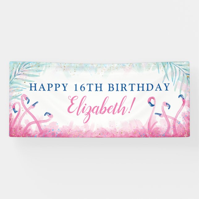 Banderoles Joyeux anniversaire de Flamant rose rose bleu (Horizontal)