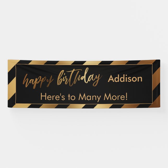 Banderoles Joyeux anniversaire d'or et de gripes noires (Horizontal)