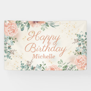 Banderoles Joyeux Anniversaire en écriture florale rose avec