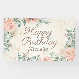 Banderoles Joyeux Anniversaire Fleurs Roses Paillettes Dorées