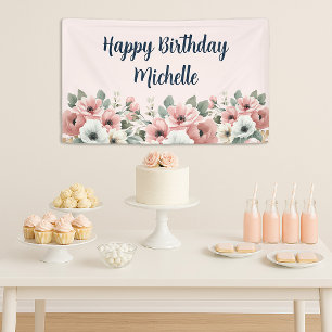 Banderoles Joyeux Anniversaire Floral Aquarelle Rose Blanc