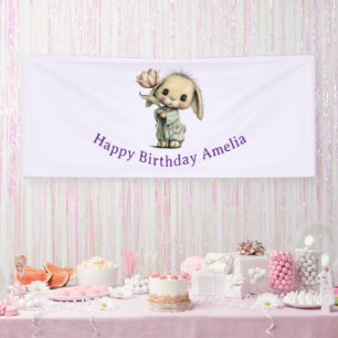 Banderoles Joyeux Anniversaire Lapin Mignon Tenant une Tulipe