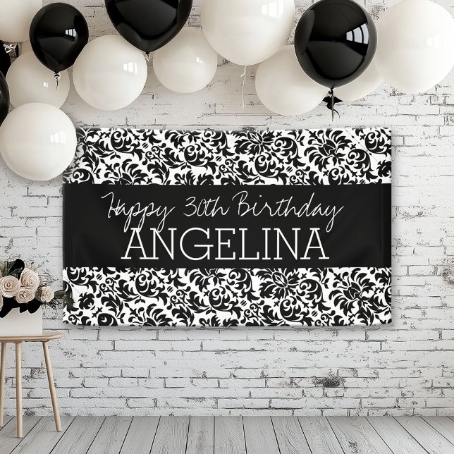 Banderoles Joyeux anniversaire noir et blanc Damask - texte (Custom Birthday Banner)