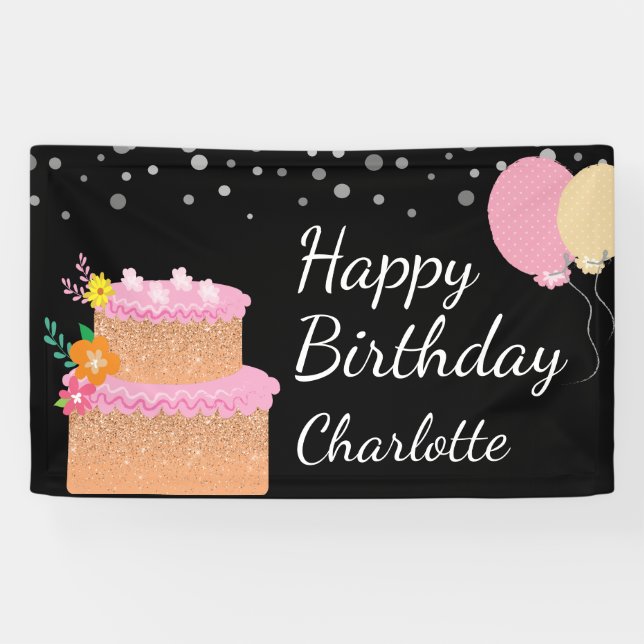 Banderoles Joyeux Anniversaire Nom Anniversaire Gâteau et bal (Horizontal)