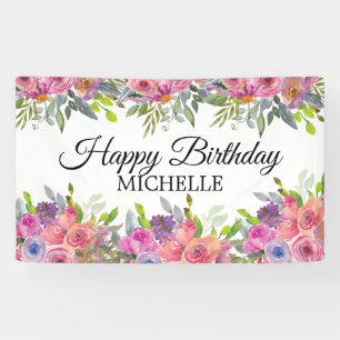 Banderoles Joyeux Anniversaire Nom Fleur Élégant Rose Violet
