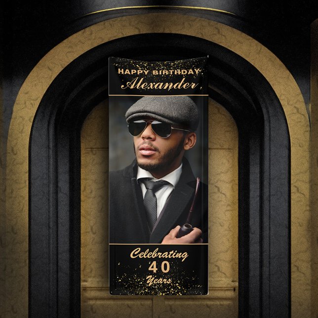 Banderoles Joyeux Anniversaire Photo Party Événement Gold Bla (Happy Birthday Photo Party Event Gold Black Custom Banner great for celebrating the birthday event. )