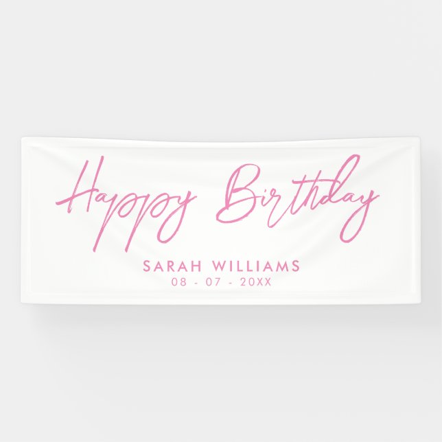 Banderoles Joyeux Anniversaire rose et blanc Script moderne (Horizontal)