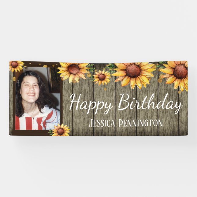 Banderoles Joyeux Anniversaire Rustique Fleurs de soleil en b (Horizontal)