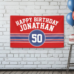 Banderoles Joyeux Anniversaire Sports avec l'âge - Rouge Bleu