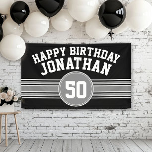 Banderoles Joyeux Anniversaire Sports Stripes Age Black Argen