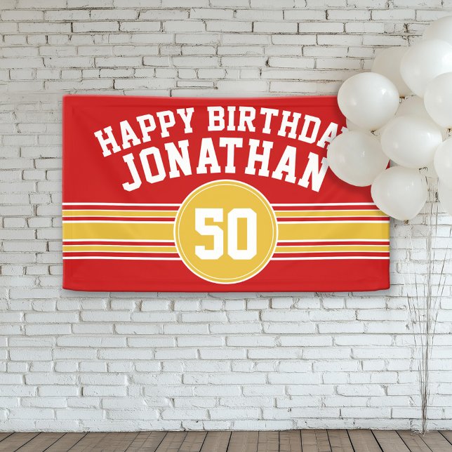 Banderoles Joyeux Anniversaire Stripes avec l'âge - Red Gold (Custom Birthday Banner)