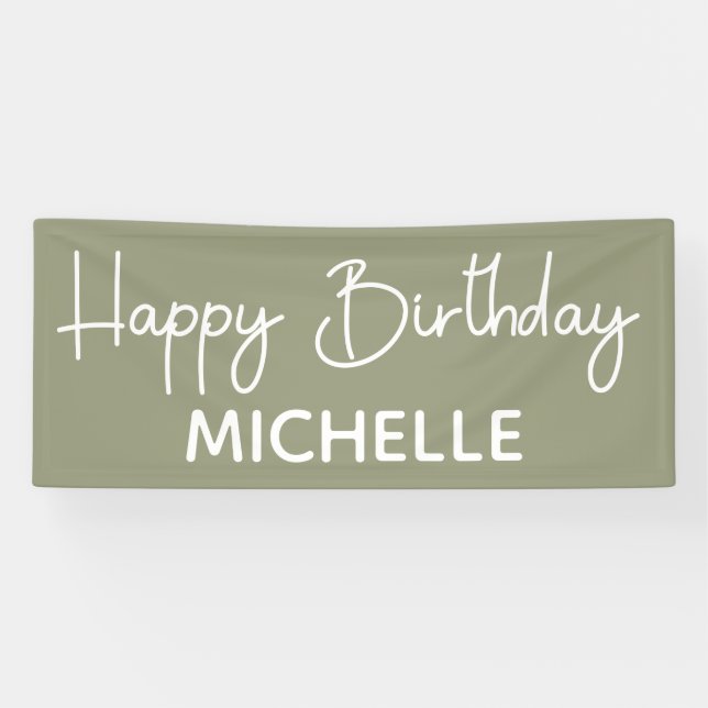 Banderoles Joyeux Anniversaire Vert Sauge Blanc Script Fantai (Horizontal)
