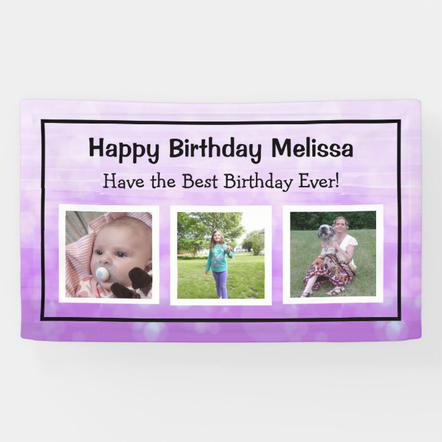 Banderoles Joyeux Anniversaire violet photo personnalisée (Horizontal)