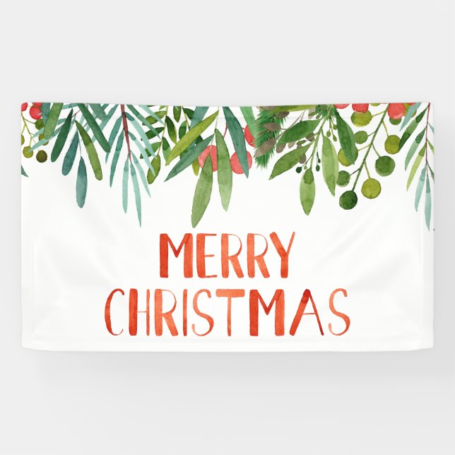Banderoles Joyeux Berry de Noël et Branches Aquarelle  (Horizontal)