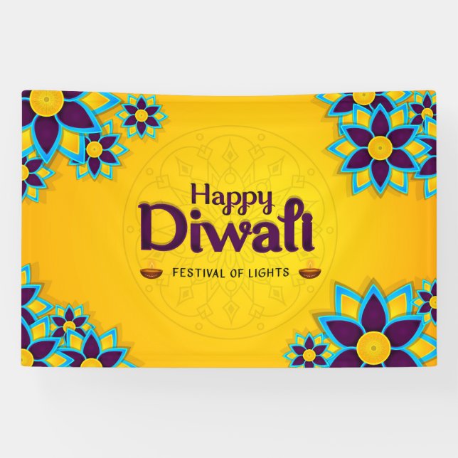 Banderoles Joyeux Diwali avec Rangoli et Diya (Horizontal)
