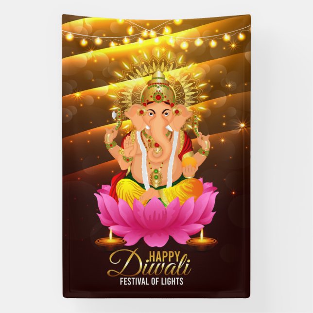 Banderoles Joyeux Diwali Festival des lumières avec Ganesh (Verticale)