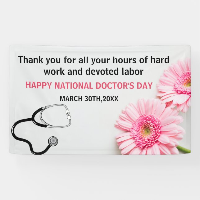 Banderoles Joyeux Médecins Jour Stethoscope & Pink Daisy (Horizontal)