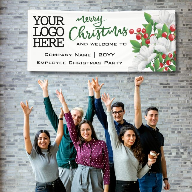 Banderoles Joyeux Noël Ajouter Logo Aquarelle Florale | Vert (Créateur téléchargé)