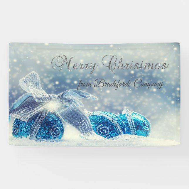 Banderoles Joyeux Noël, Bleu, Boules de Noël (Horizontal)