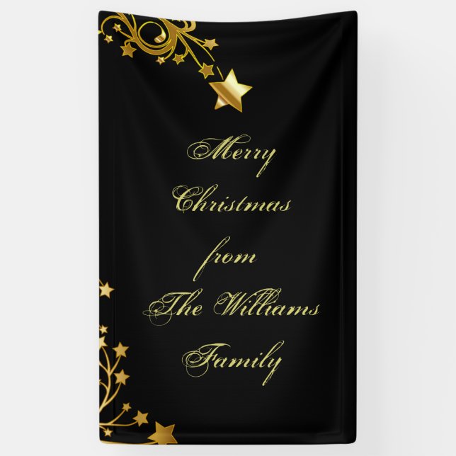 Banderoles Joyeux Noël étoile Nom de famille Stars Black Gold (Vertical)