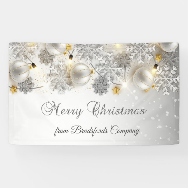 Banderoles Joyeux Noël, Flammes de neige en argent, Boules, L (Horizontal)