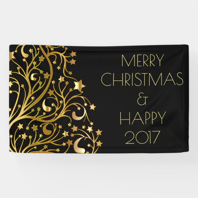 Banderoles Joyeux Noël Joyeux 2017 Arbre étoiles Or noir (Horizontal)