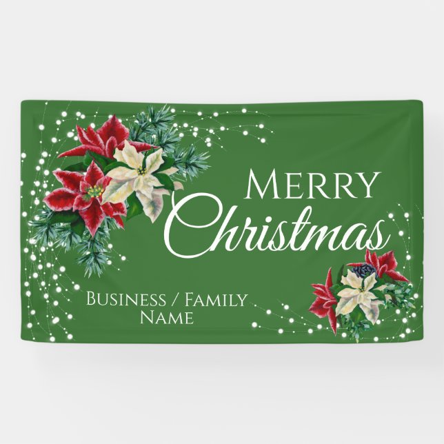 Banderoles Joyeux Noël Poinsettia Vert Personnalisé (Horizontal)