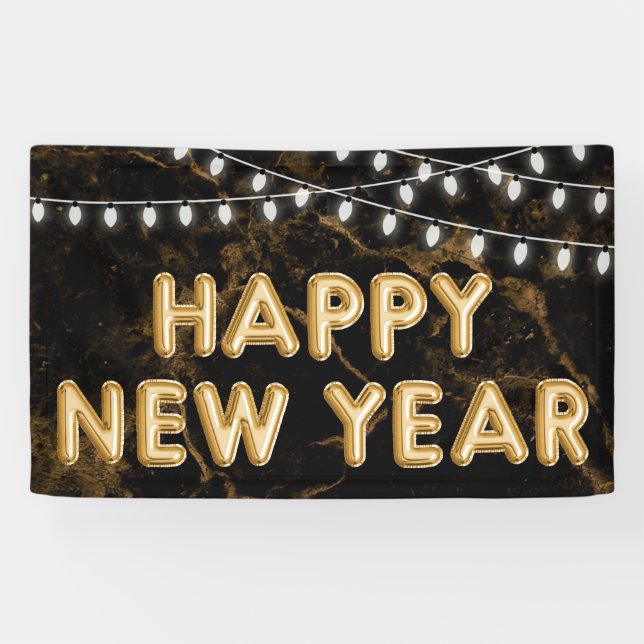 Banderoles Joyeux Nouvel An Gold & Black Balloon Lumières (Horizontal)