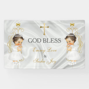 Banderoles Jumelles Fille Baptême Christening Or