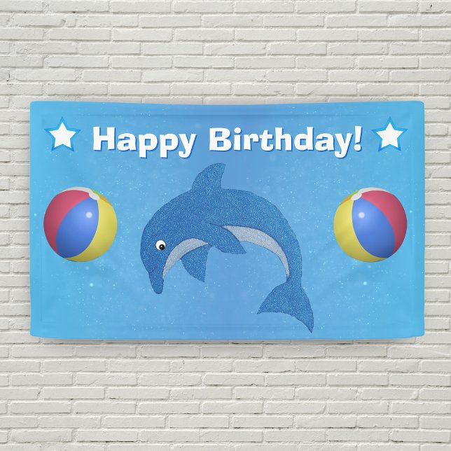 Banderoles Jumping Amusants Blue Dolphin Beach Ball Stars Ann (Fun blue jumping dolphin beach balls white stars on Happy Birthday bright blue backdrop.)