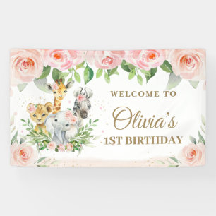 Banderoles Jungle Animaux Safari Blush Rose Floral fond