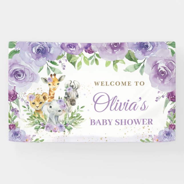 Banderoles Jungle Animaux Safari Purple Floral fond (Horizontal)