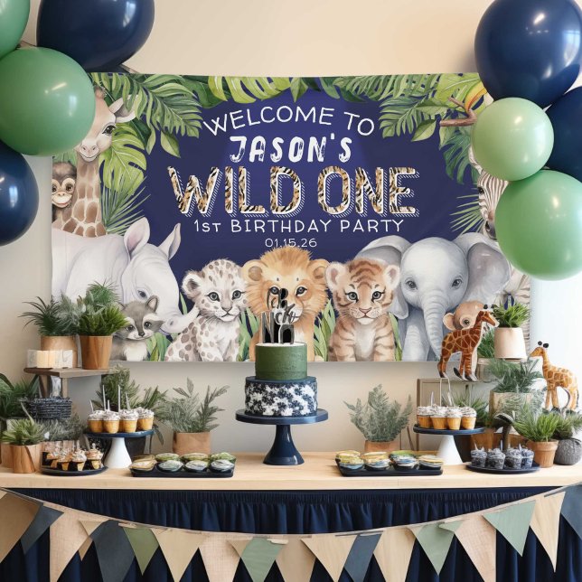 Banderoles Jungle Safari Animaux, Wild one Navy bleu Bienvenu (Navy BLue, Wild One, Boy 1st celebration, birthday welcome banner. Safari Themed first birthday.)