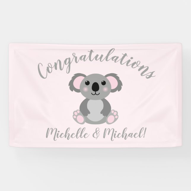 Banderoles Koala ours Baby shower fille rose (Horizontal)